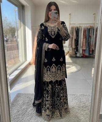Black faux georgette embroidered sharara set 1