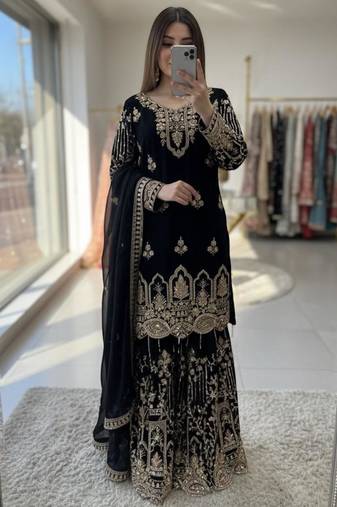 Black faux georgette embroidered sharara set
