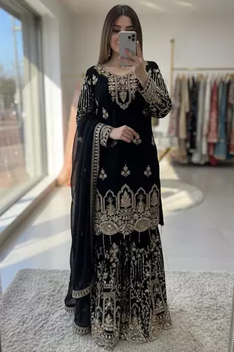 Black faux georgette embroidered sharara set