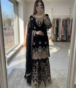 Black faux georgette embroidered sharara set