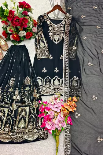 Black faux georgette embroidered sharara set