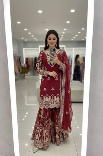 Red faux georgette embroidered sharara set