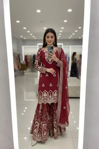 Red faux georgette embroidered sharara set