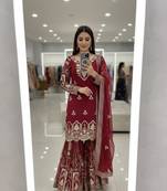 Red faux georgette embroidered sharara set