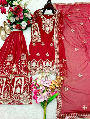 Red faux georgette embroidered sharara set 2