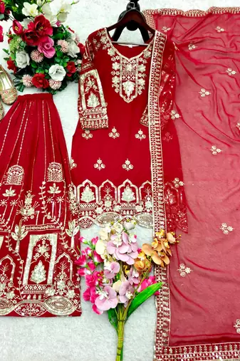 Red faux georgette embroidered sharara set