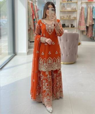 Orange faux georgette embroidered sharara set 1