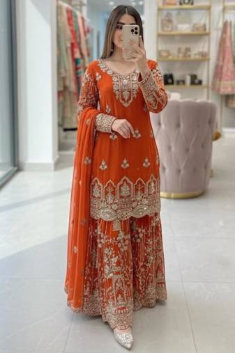 Orange faux georgette embroidered sharara set