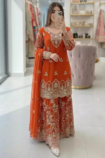 Orange faux georgette embroidered sharara set
