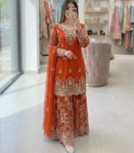 Orange faux georgette embroidered sharara set