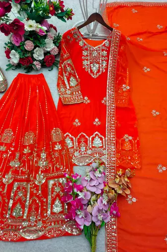 Orange faux georgette embroidered sharara set