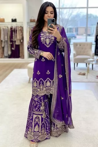 Purple faux georgette embroidered sharara set