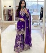 Purple faux georgette embroidered sharara set