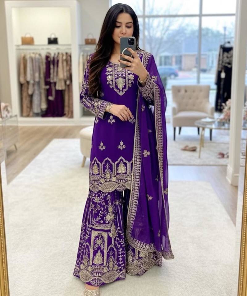 Purple faux georgette embroidered sharara set