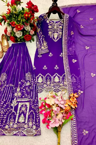 Purple faux georgette embroidered sharara set
