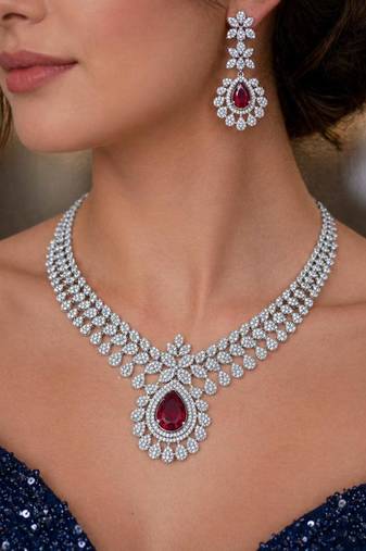 ruby red teardrop bridal jewellery set victorian wedding statement necklace & earrings