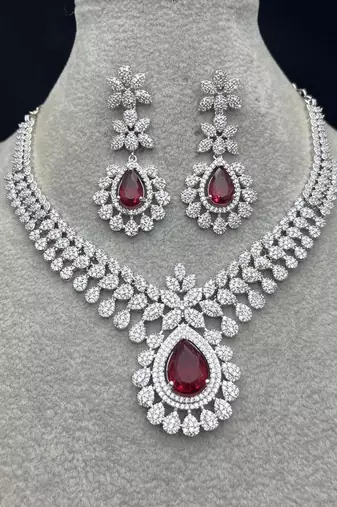 ruby red teardrop bridal jewellery set: victorian wedding statement necklace & earrings