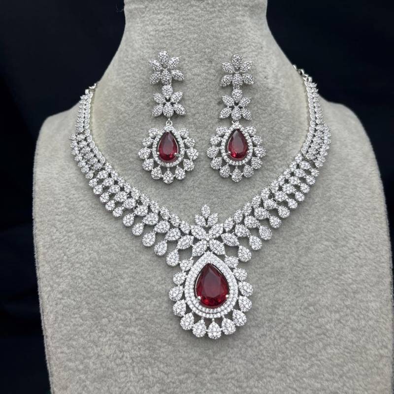 ruby red teardrop bridal jewellery set victorian wedding statement necklace & earrings