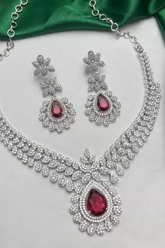 ruby red teardrop bridal jewellery set: victorian wedding statement necklace & earrings
