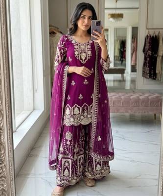 Rani-pink faux georgette embroidered sharara set 1