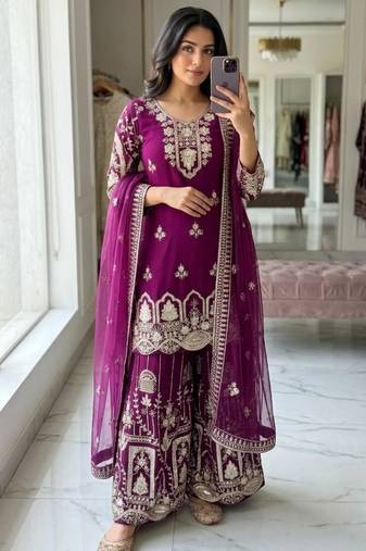 Rani-pink faux georgette embroidered sharara set