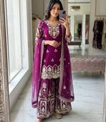 Rani-pink faux georgette embroidered sharara set
