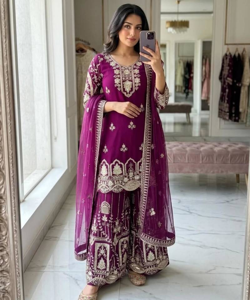 Rani-pink faux georgette embroidered sharara set