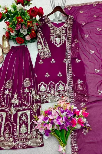 Rani-pink faux georgette embroidered sharara set