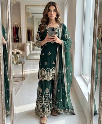 Dark-green faux georgette embroidered sharara set 1