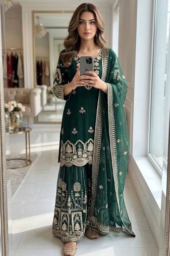 Dark-green faux georgette embroidered sharara set