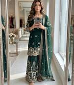 Dark-green faux georgette embroidered sharara set
