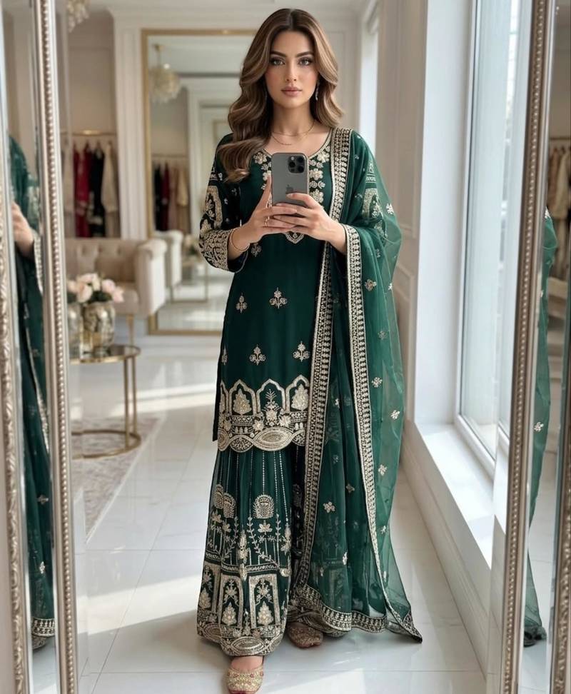 Dark-green faux georgette embroidered sharara set