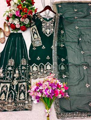 Dark-green faux georgette embroidered sharara set 2