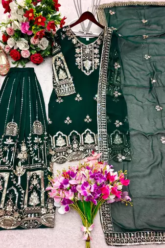 Dark-green faux georgette embroidered sharara set