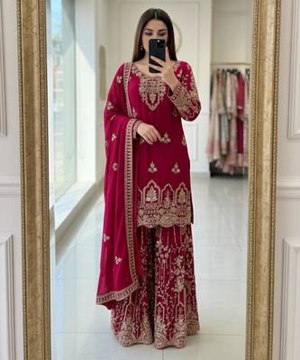 Pink faux georgette embroidered sharara set 1