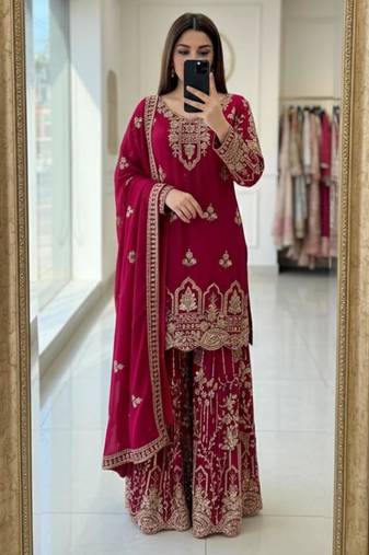 Pink faux georgette embroidered sharara set