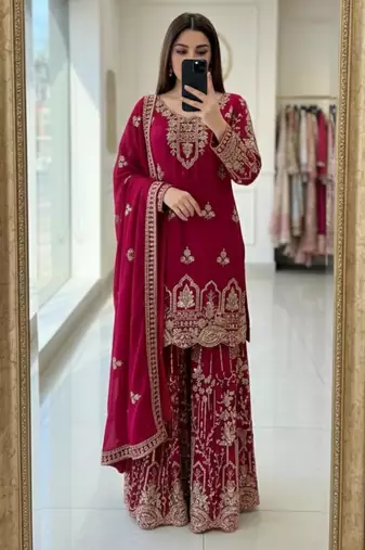 Pink faux georgette embroidered sharara set