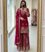 Pink faux georgette embroidered sharara set