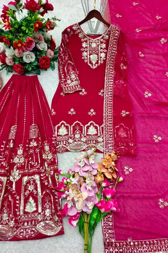 Pink faux georgette embroidered sharara set