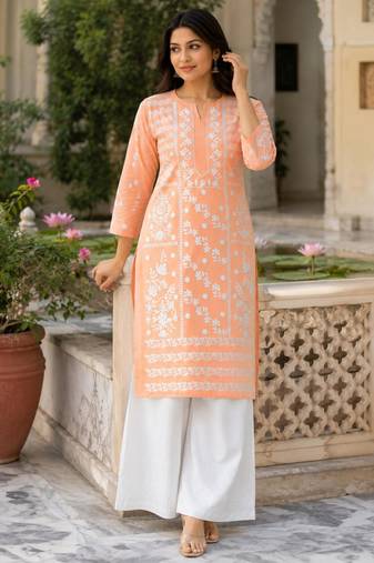 Orange cotton silk embroidered palazzo set
