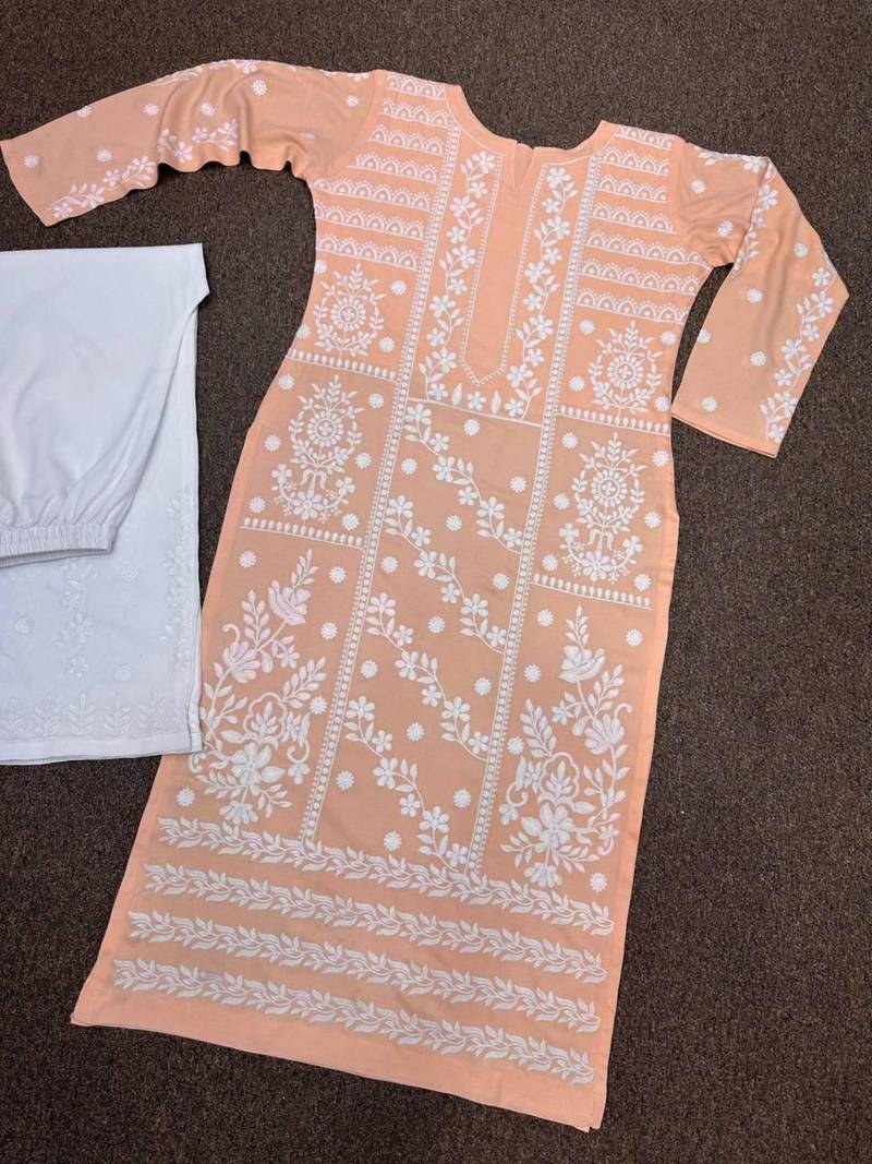 Orange cotton silk embroidered palazzo set
