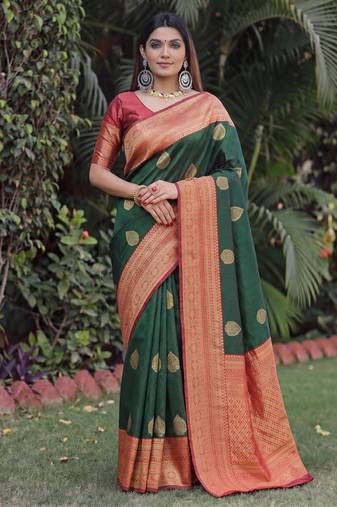 GREEN RED ART SILK BANARASI JACUARD WORK SAREE WITH UNSTITCHED BLOUSE PIECE