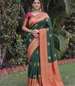 GREEN RED ART SILK BANARASI JACUARD WORK SAREE WITH UNSTITCHED BLOUSE PIECE