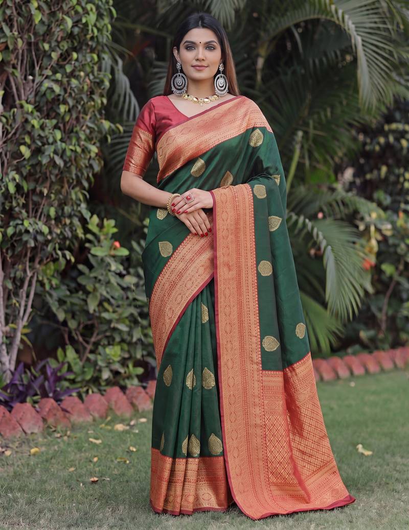 GREEN RED ART SILK BANARASI JACUARD WORK SAREE WITH UNSTITCHED BLOUSE PIECE