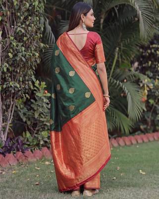 GREEN RED ART SILK BANARASI JACUARD WORK SAREE WITH UNSTITCHED BLOUSE PIECE 2