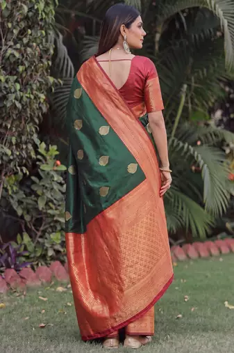 GREEN RED ART SILK BANARASI JACUARD WORK SAREE WITH UNSTITCHED BLOUSE PIECE