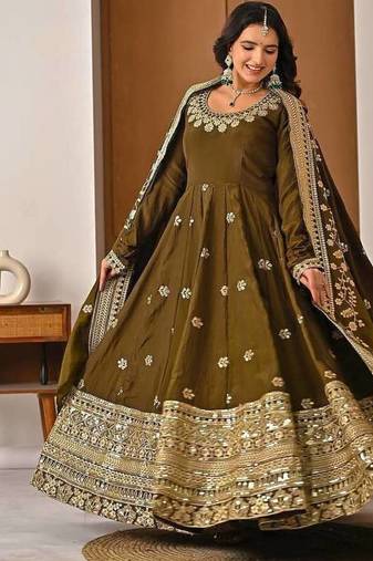 green faux blooming embroidered anarkali suit stitched