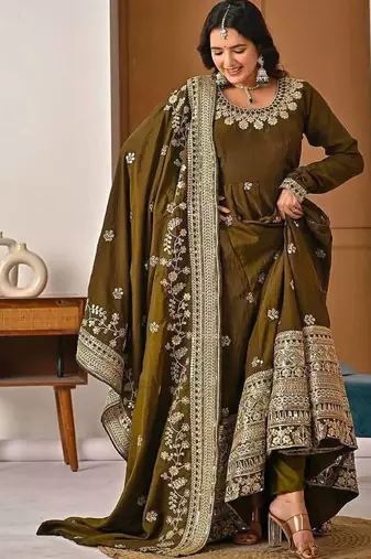 green faux blooming embroidered anarkali suit stitched
