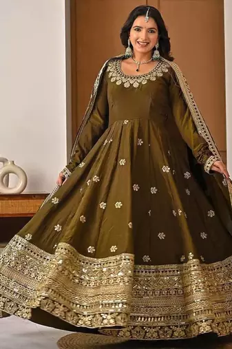 green faux blooming embroidered anarkali suit stitched