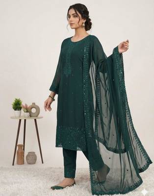 Dark-green georgette embroidered kurta set 1